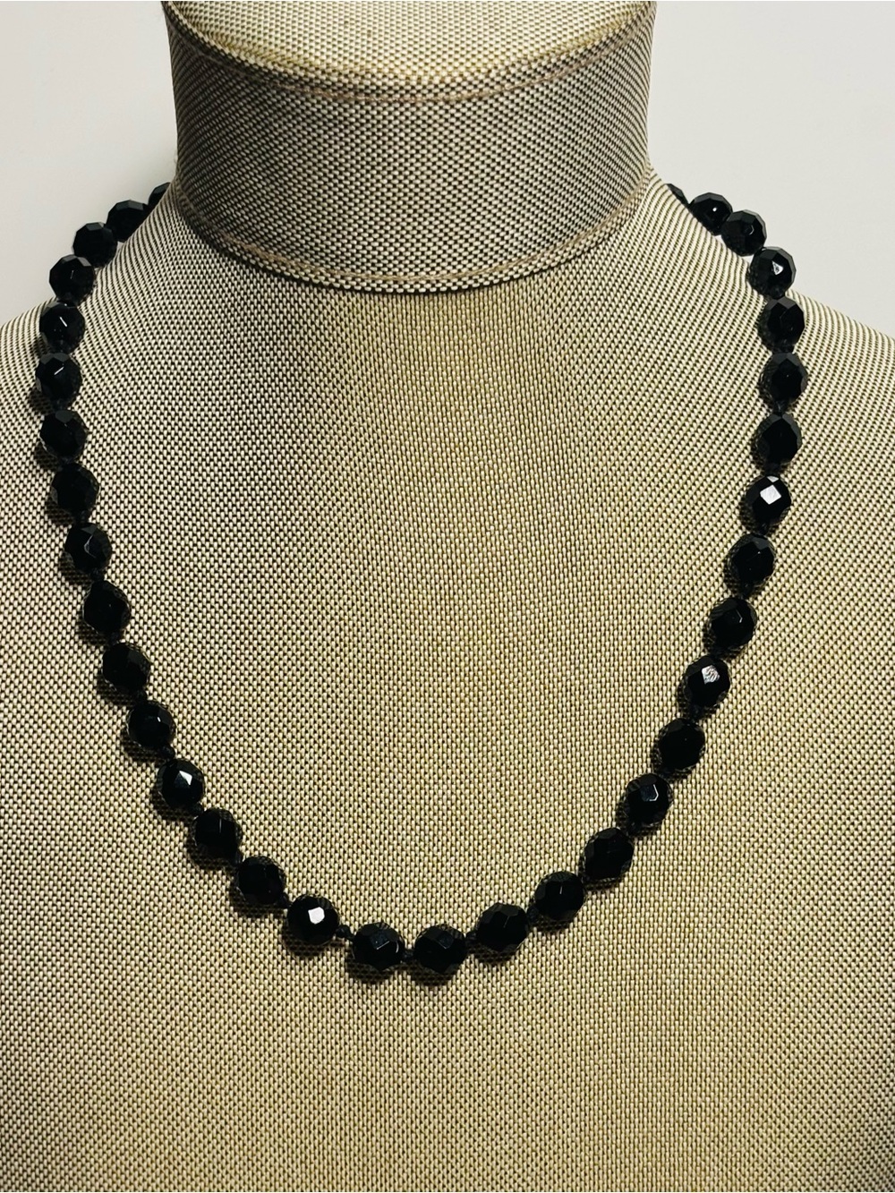 Vintage Austrian Black Faceted crystal Glass Bead Knotted Necklace 17"